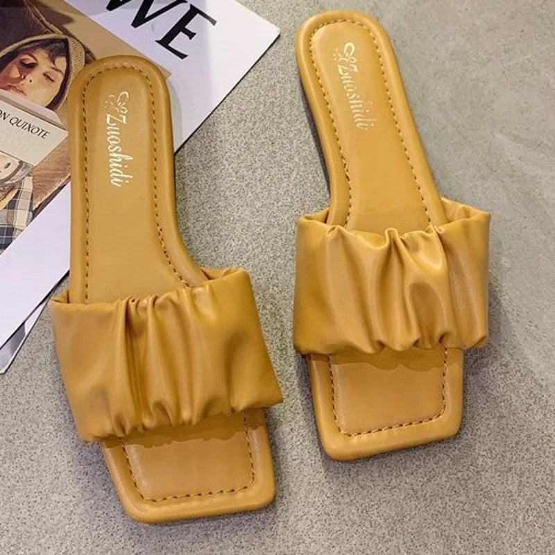 Summer Women's Slippers Sandals Simple Pleated Flip Flop Casual Beach Square Head Open Toe Flat Heel Shoes Outdoor Comfortable