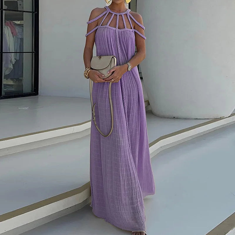 O-Neck Loungewear Hollow Out Party Dress, Women Summer Beach Style Fashion Maxi Dress, New Solid Sleeveless Elegant Ladies Dress