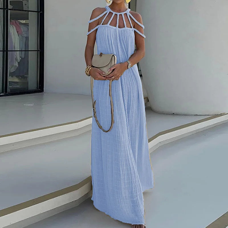 O-Neck Loungewear Hollow Out Party Dress, Women Summer Beach Style Fashion Maxi Dress, New Solid Sleeveless Elegant Ladies Dress