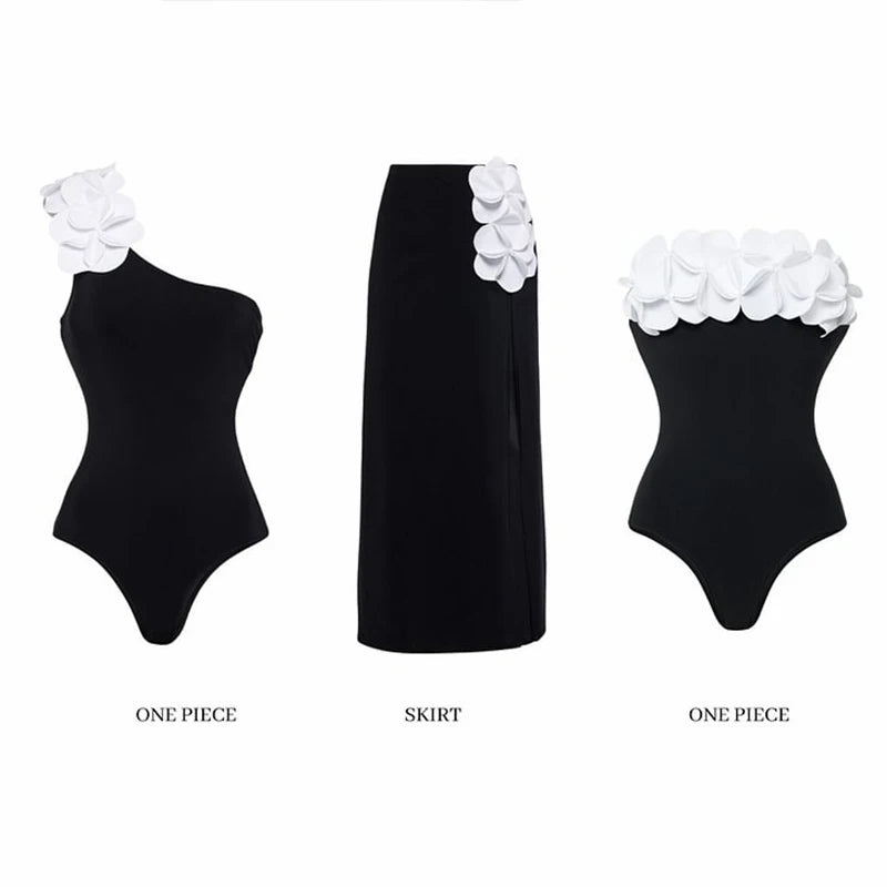 New Women Bandeau 3D Flower Color One Piece Swimsuit and Skirt