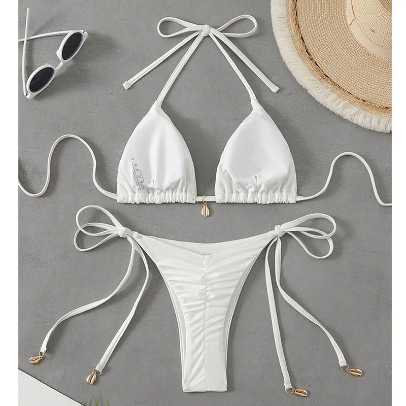 2 Pcs/Set Bikini Set Sexy Bikinis 2025 Bathing Suit Solid Color Halter
