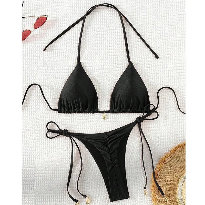 2 Pcs/Set Bikini Set Sexy Bikinis 2025 Bathing Suit Solid Color Halter