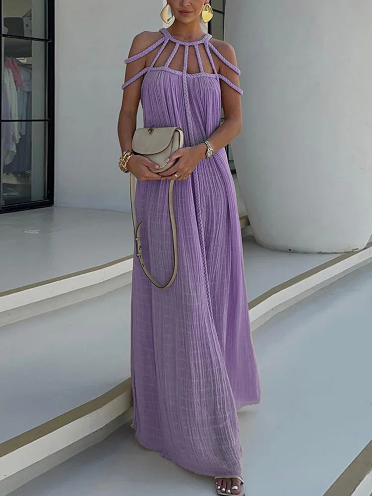 O-Neck Loungewear Hollow Out Party Dress, Women Summer Beach Style Fashion Maxi Dress, New Solid Sleeveless Elegant Ladies Dress