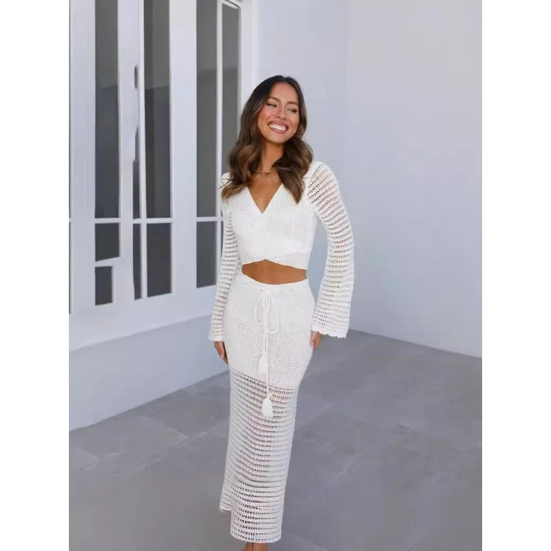 2024 Summer New Women's Solid Color Sexy Knit Bikini Swimsuit Outside Matching Set Beachwear Fashion Trend Ladies Suit