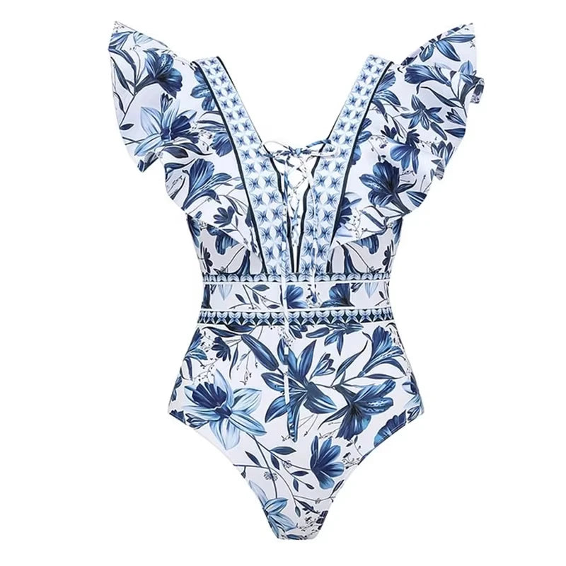 Flaxmaker Women Bikinis Set Swimsuit Lace Up v Neck Ruffle Swimsuit and Sarong