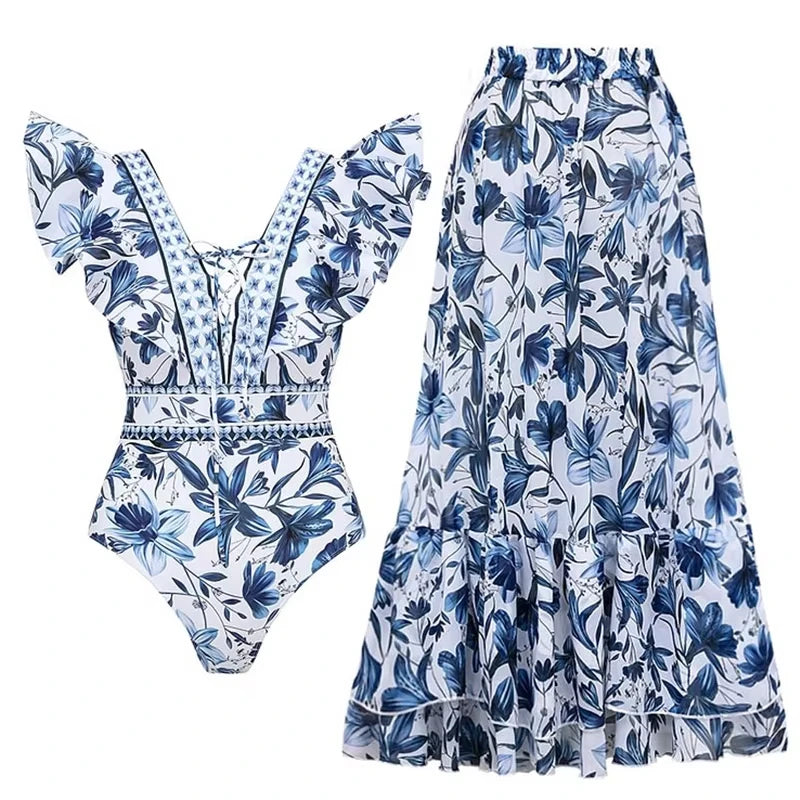 Flaxmaker Women Bikinis Set Swimsuit Lace Up v Neck Ruffle Swimsuit and Sarong
