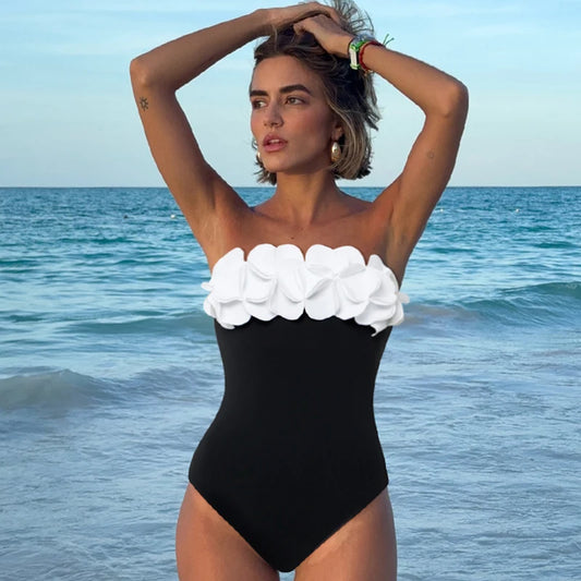 New Women Bandeau 3D Flower Color One Piece Swimsuit and Skirt
