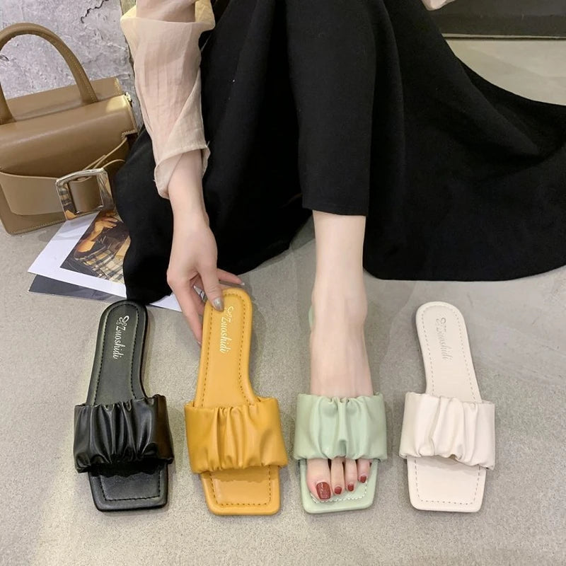 Summer Women's Slippers Sandals Simple Pleated Flip Flop Casual Beach Square Head Open Toe Flat Heel Shoes Outdoor Comfortable