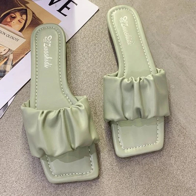 Summer Women's Slippers Sandals Simple Pleated Flip Flop Casual Beach Square Head Open Toe Flat Heel Shoes Outdoor Comfortable