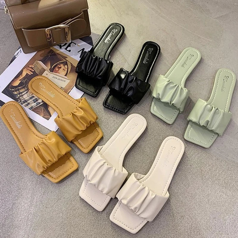 Summer Women's Slippers Sandals Simple Pleated Flip Flop Casual Beach Square Head Open Toe Flat Heel Shoes Outdoor Comfortable