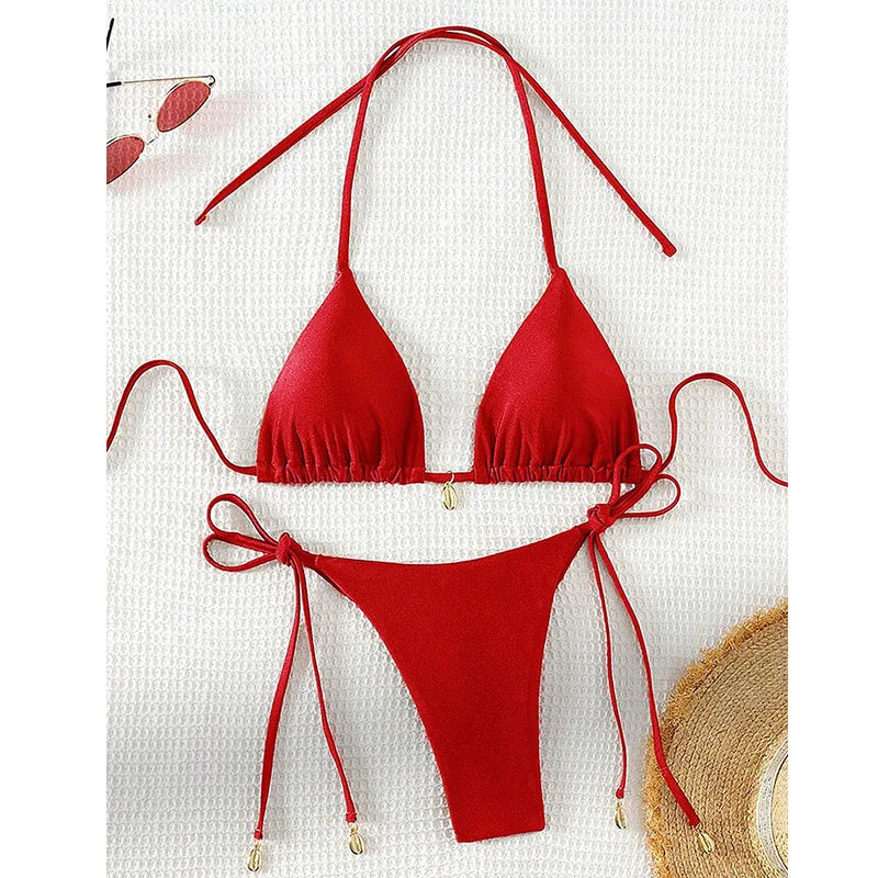 2 Pcs/Set Bikini Set Sexy Bikinis 2025 Bathing Suit Solid Color Halter