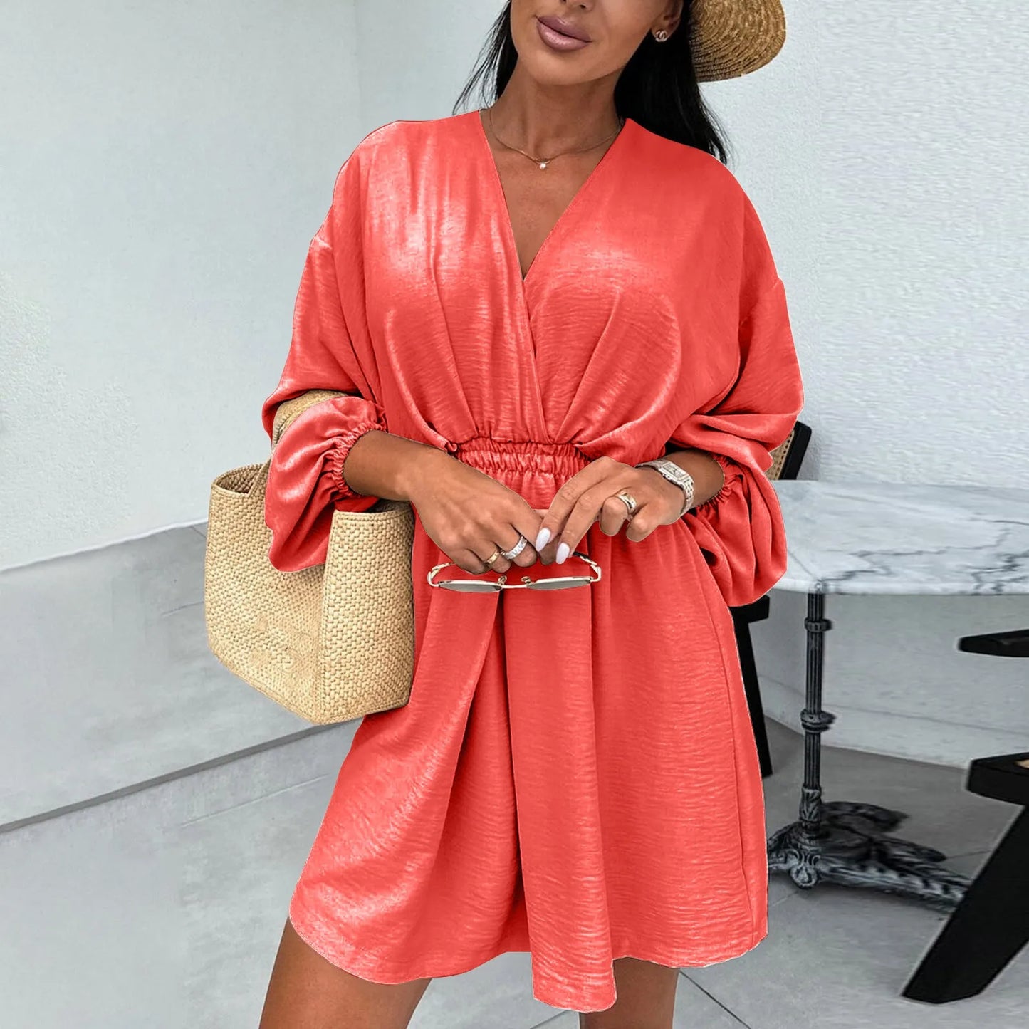 Loose Cut Summer Dress Loose Cut Pleated Dress Elegant V Neck Lantern Sleeve A-line Dress for Women Slim Waist Pleated Solid
