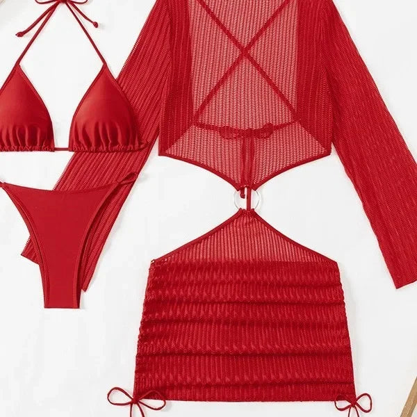 New Hot Sale Of The Season Pure Color Three-piece Bikini Swimsuit Separate Design Cross-Border Swimwear Elegant Feminine Fashion