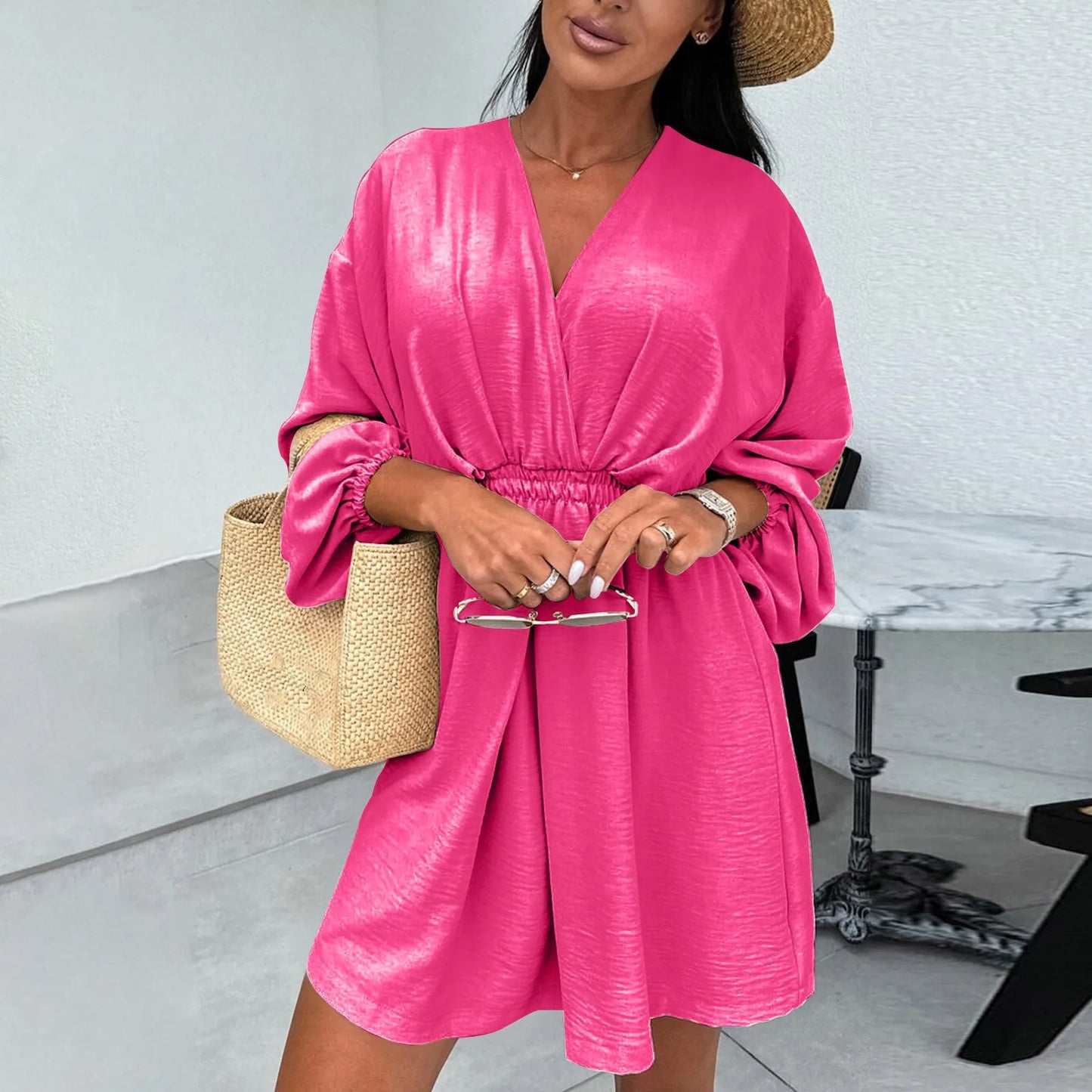 Loose Cut Summer Dress Loose Cut Pleated Dress Elegant V Neck Lantern Sleeve A-line Dress for Women Slim Waist Pleated Solid