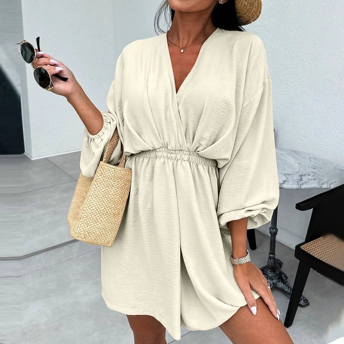 Loose Cut Summer Dress Loose Cut Pleated Dress Elegant V Neck Lantern Sleeve A-line Dress for Women Slim Waist Pleated Solid