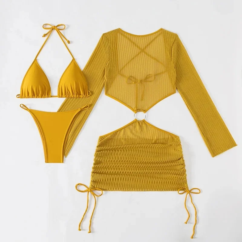 New Hot Sale Of The Season Pure Color Three-piece Bikini Swimsuit Separate Design Cross-Border Swimwear Elegant Feminine Fashion