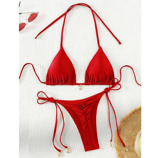2 Pcs/Set Bikini Set Sexy Bikinis 2025 Bathing Suit Solid Color Halter