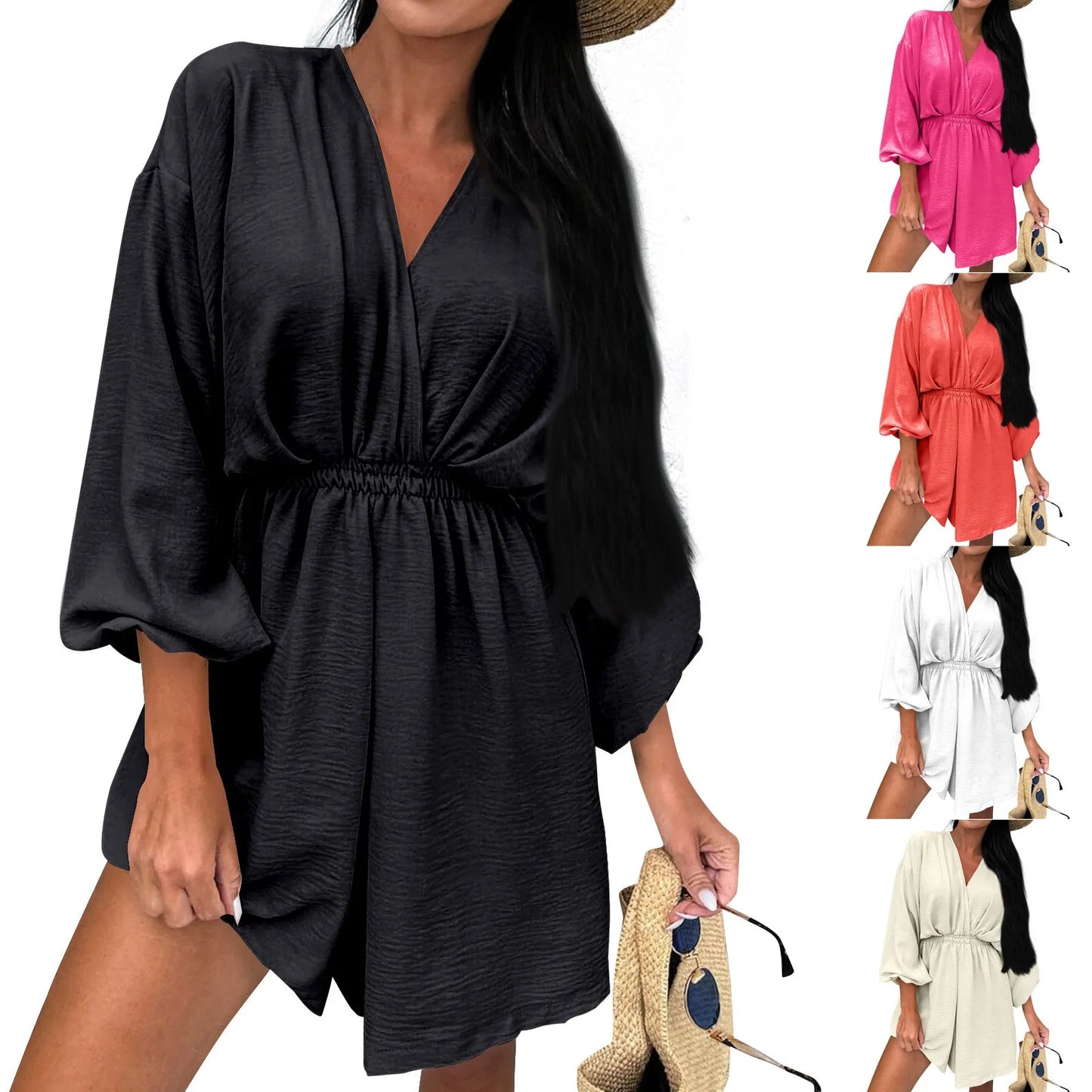 Loose Cut Summer Dress Loose Cut Pleated Dress Elegant V Neck Lantern Sleeve A-line Dress for Women Slim Waist Pleated Solid