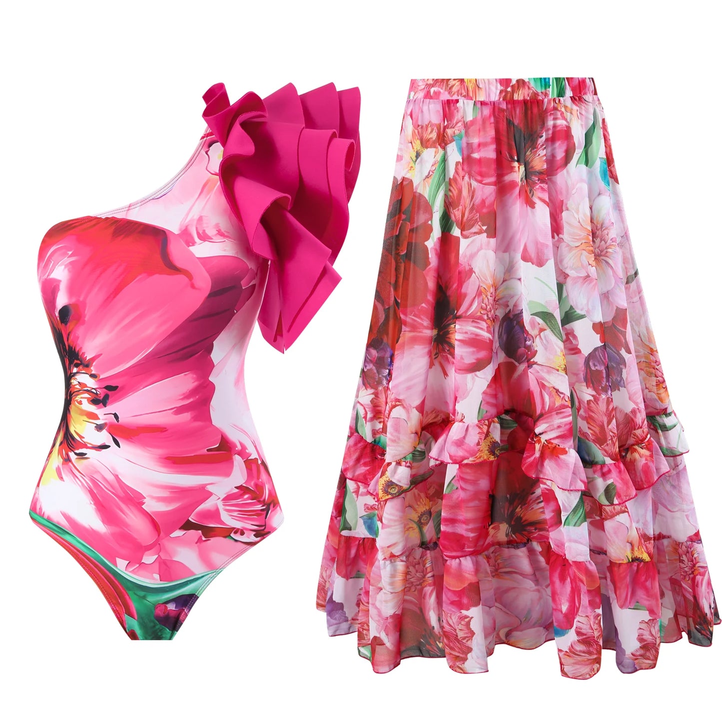 2024 New 2-Piece Women Bikini Set Push Up Floral Printed Ruffle Bikinis Strappy Bandage Swimwear Brazilian Biquini Bathing Suit
