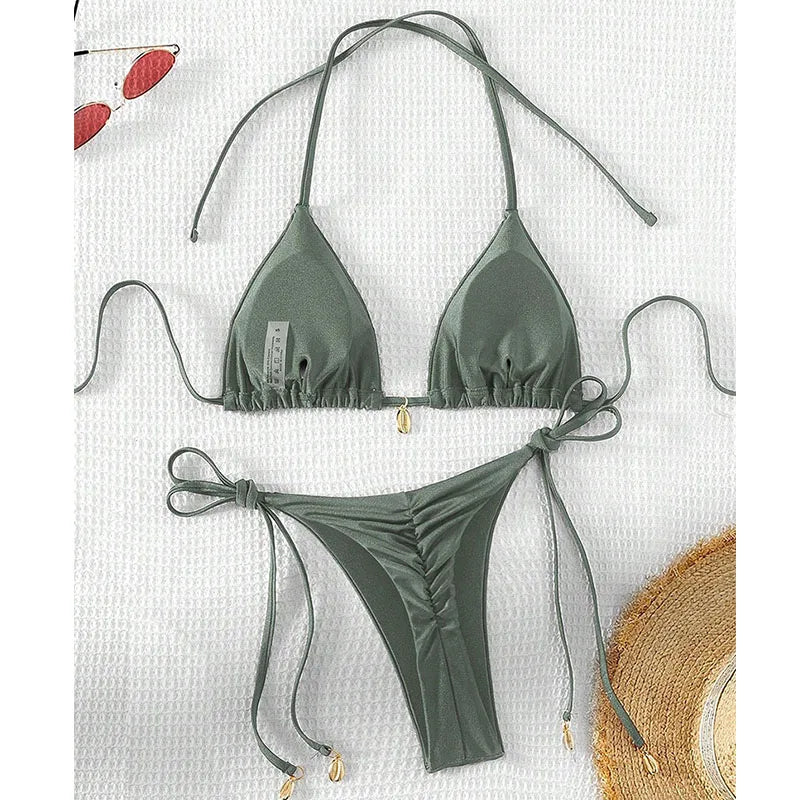 2 Pcs/Set Bikini Set Sexy Bikinis 2025 Bathing Suit Solid Color Halter