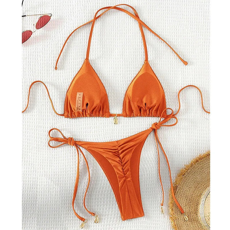 2 Pcs/Set Bikini Set Sexy Bikinis 2025 Bathing Suit Solid Color Halter