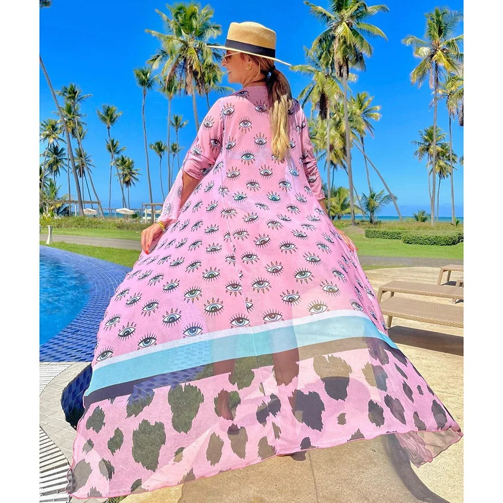 Blue Eyes Bikini Beach Cover Up Tunics For Beach Long Kaftan Bikini Cover Up Robe de Plage Sarong Beach Swimsuit Cover-ups