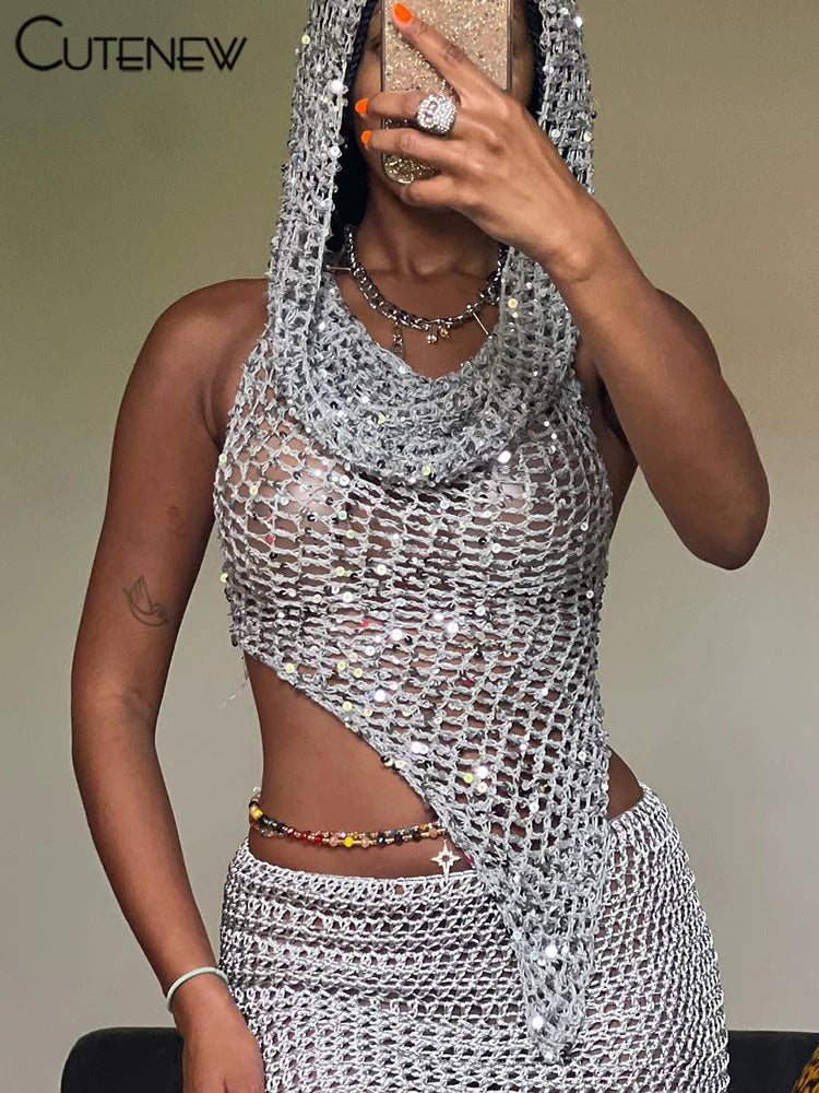 Cutenew Women's Knitted Two Piece Set Hooded Camisole Vest Top+Hip Slim Mini Skirt New Streetwear Female Dress Suit Hot 2023