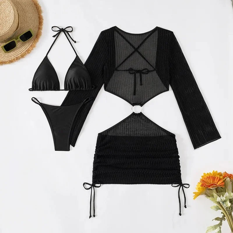New Hot Sale Of The Season Pure Color Three-piece Bikini Swimsuit Separate Design Cross-Border Swimwear Elegant Feminine Fashion