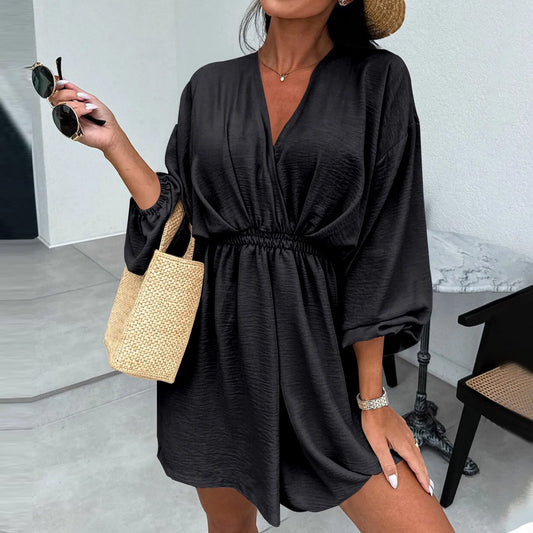 Loose Cut Summer Dress Loose Cut Pleated Dress Elegant V Neck Lantern Sleeve A-line Dress for Women Slim Waist Pleated Solid