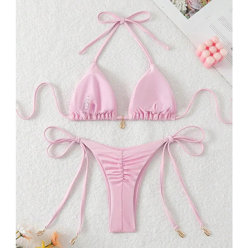 2 Pcs/Set Bikini Set Sexy Bikinis 2025 Bathing Suit Solid Color Halter