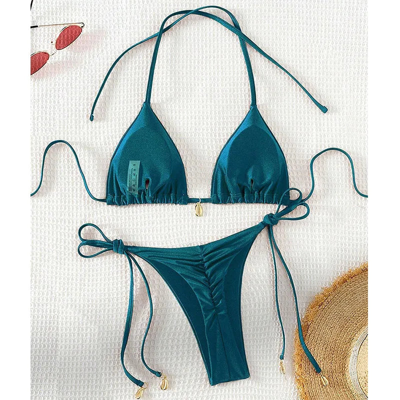 2 Pcs/Set Bikini Set Sexy Bikinis 2025 Bathing Suit Solid Color Halter