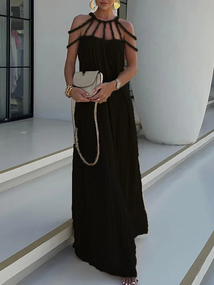 O-Neck Loungewear Hollow Out Party Dress, Women Summer Beach Style Fashion Maxi Dress, New Solid Sleeveless Elegant Ladies Dress