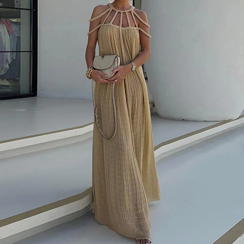 O-Neck Loungewear Hollow Out Party Dress, Women Summer Beach Style Fashion Maxi Dress, New Solid Sleeveless Elegant Ladies Dress