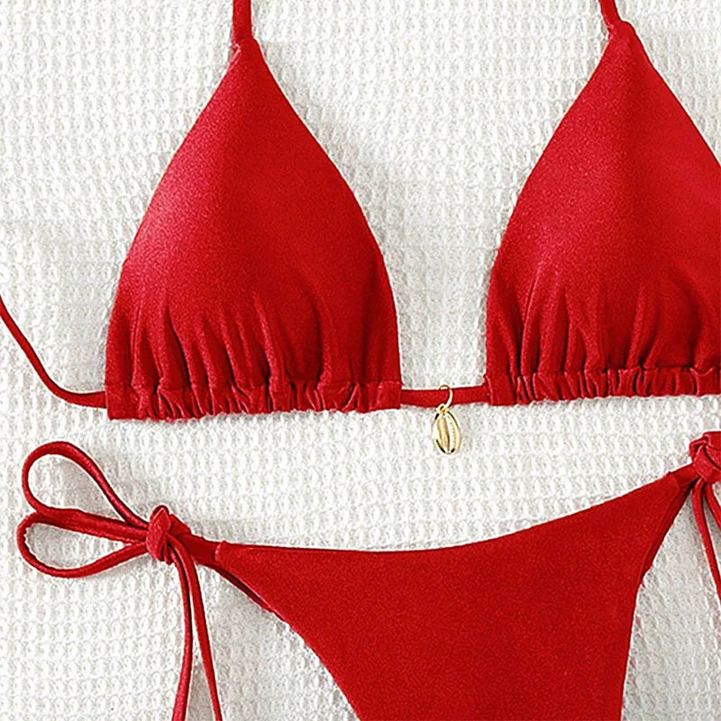2 Pcs/Set Bikini Set Sexy Bikinis 2025 Bathing Suit Solid Color Halter