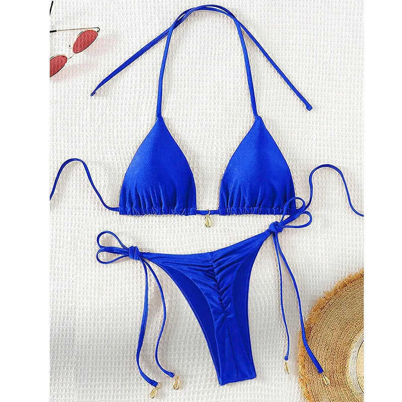 2 Pcs/Set Bikini Set Sexy Bikinis 2025 Bathing Suit Solid Color Halter
