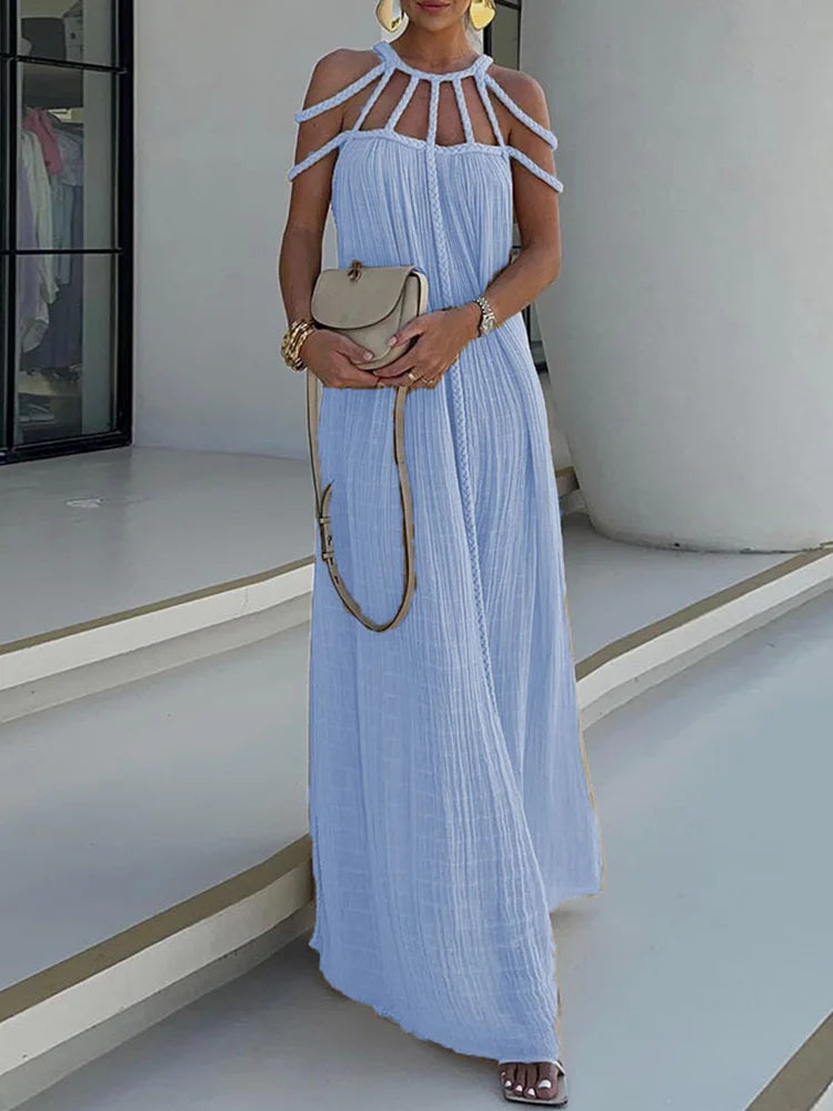 O-Neck Loungewear Hollow Out Party Dress, Women Summer Beach Style Fashion Maxi Dress, New Solid Sleeveless Elegant Ladies Dress