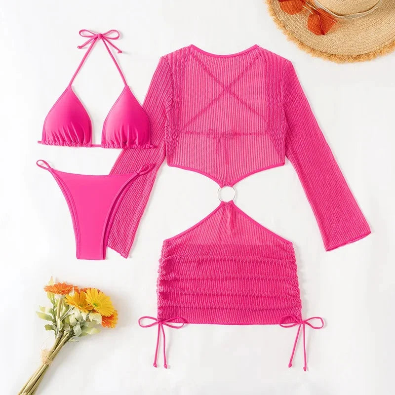 New Hot Sale Of The Season Pure Color Three-piece Bikini Swimsuit Separate Design Cross-Border Swimwear Elegant Feminine Fashion