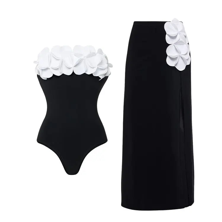 New Women Bandeau 3D Flower Color One Piece Swimsuit and Skirt