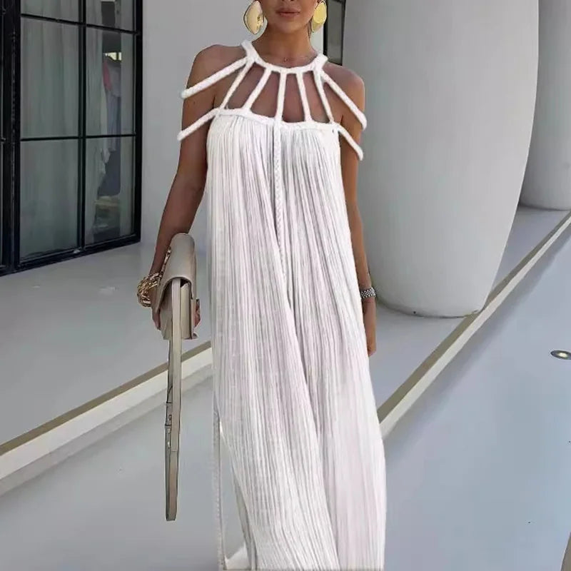 O-Neck Loungewear Hollow Out Party Dress, Women Summer Beach Style Fashion Maxi Dress, New Solid Sleeveless Elegant Ladies Dress