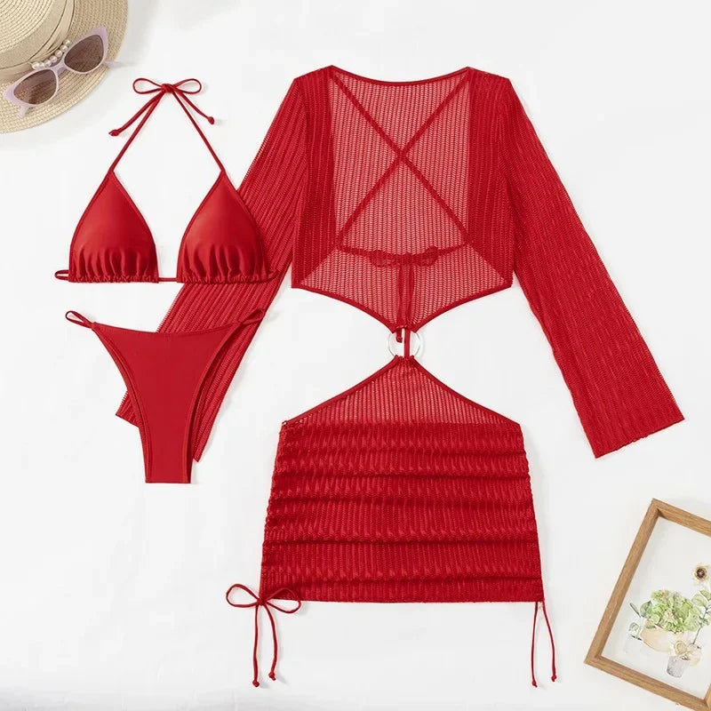 New Hot Sale Of The Season Pure Color Three-piece Bikini Swimsuit Separate Design Cross-Border Swimwear Elegant Feminine Fashion
