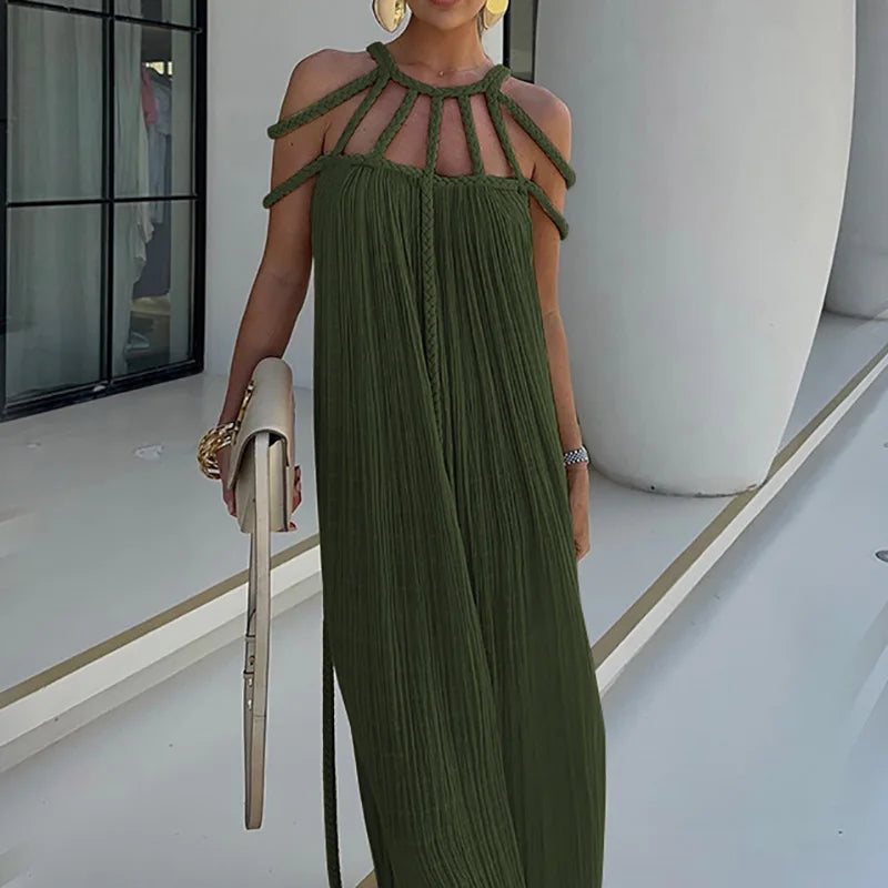 O-Neck Loungewear Hollow Out Party Dress, Women Summer Beach Style Fashion Maxi Dress, New Solid Sleeveless Elegant Ladies Dress