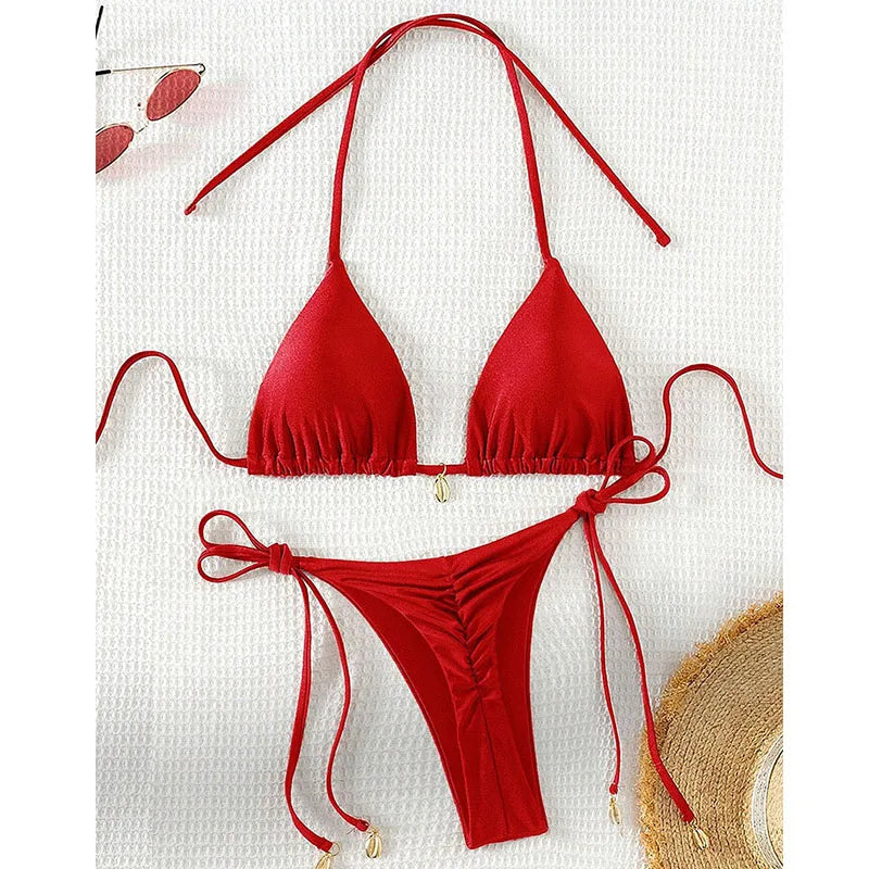 2 Pcs/Set Bikini Set Sexy Bikinis 2025 Bathing Suit Solid Color Halter