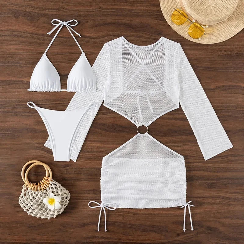 New Hot Sale Of The Season Pure Color Three-piece Bikini Swimsuit Separate Design Cross-Border Swimwear Elegant Feminine Fashion