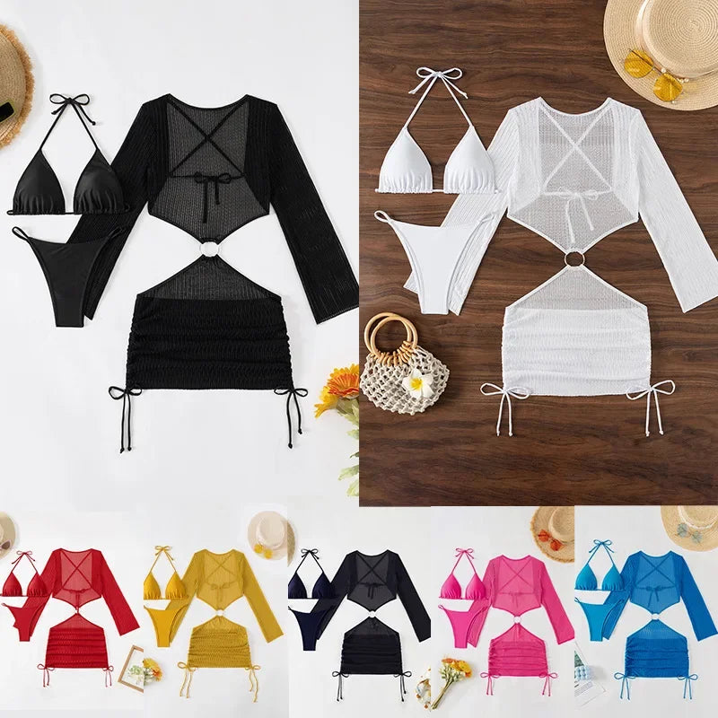 New Hot Sale Of The Season Pure Color Three-piece Bikini Swimsuit Separate Design Cross-Border Swimwear Elegant Feminine Fashion
