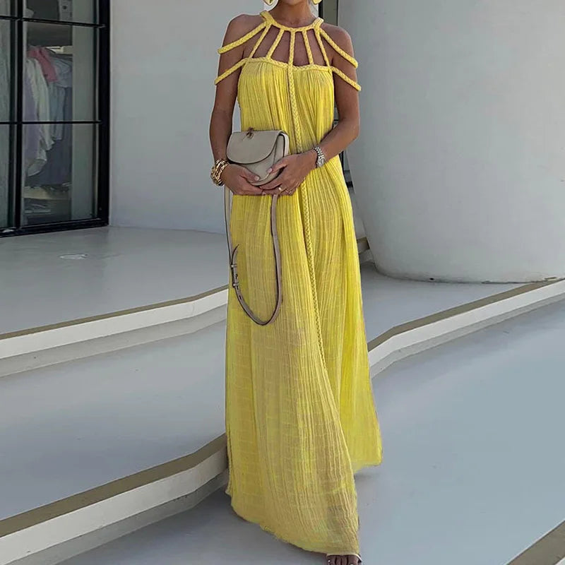O-Neck Loungewear Hollow Out Party Dress, Women Summer Beach Style Fashion Maxi Dress, New Solid Sleeveless Elegant Ladies Dress