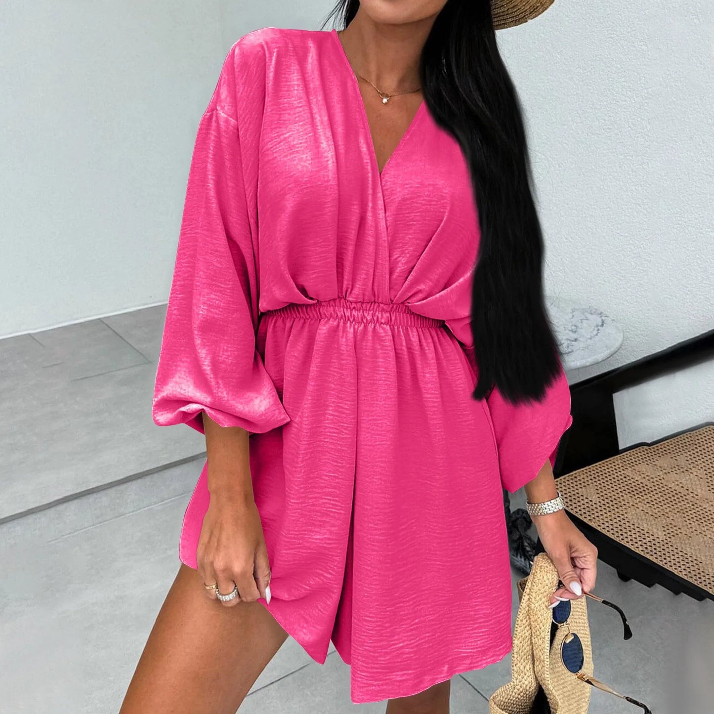 Loose Cut Summer Dress Loose Cut Pleated Dress Elegant V Neck Lantern Sleeve A-line Dress for Women Slim Waist Pleated Solid