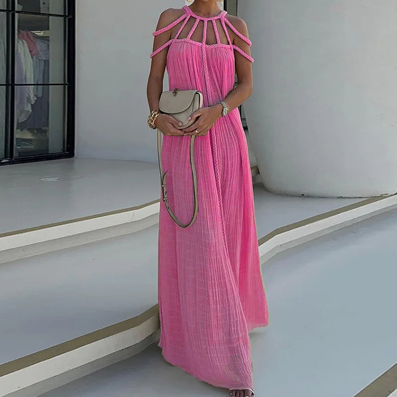 O-Neck Loungewear Hollow Out Party Dress, Women Summer Beach Style Fashion Maxi Dress, New Solid Sleeveless Elegant Ladies Dress