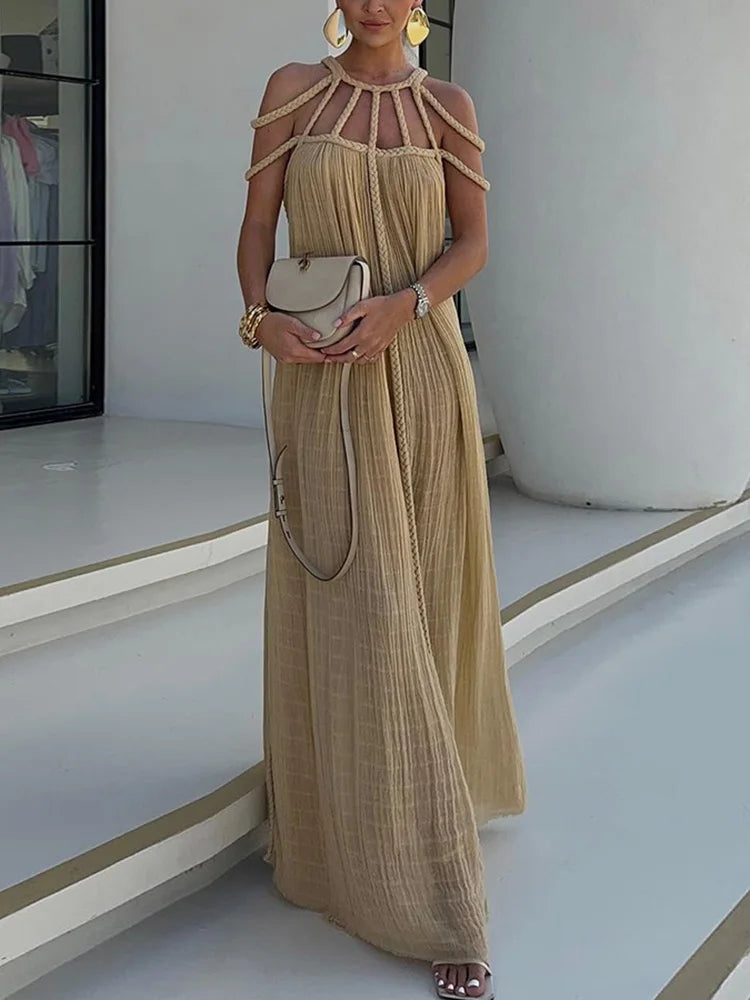 O-Neck Loungewear Hollow Out Party Dress, Women Summer Beach Style Fashion Maxi Dress, New Solid Sleeveless Elegant Ladies Dress