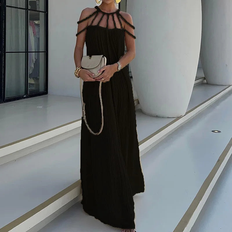 O-Neck Loungewear Hollow Out Party Dress, Women Summer Beach Style Fashion Maxi Dress, New Solid Sleeveless Elegant Ladies Dress