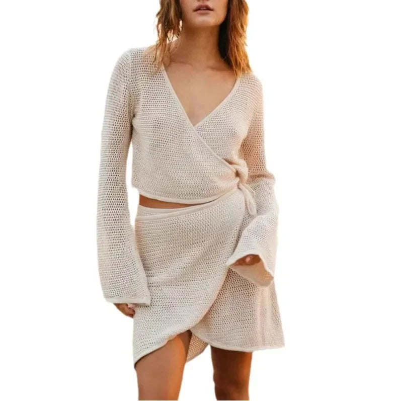 Fashionable Women's Long Sleeve Casual Suit Knit Sexy Hollow Out Bohemian Style Beachwear Ins Trendy Clothing From China